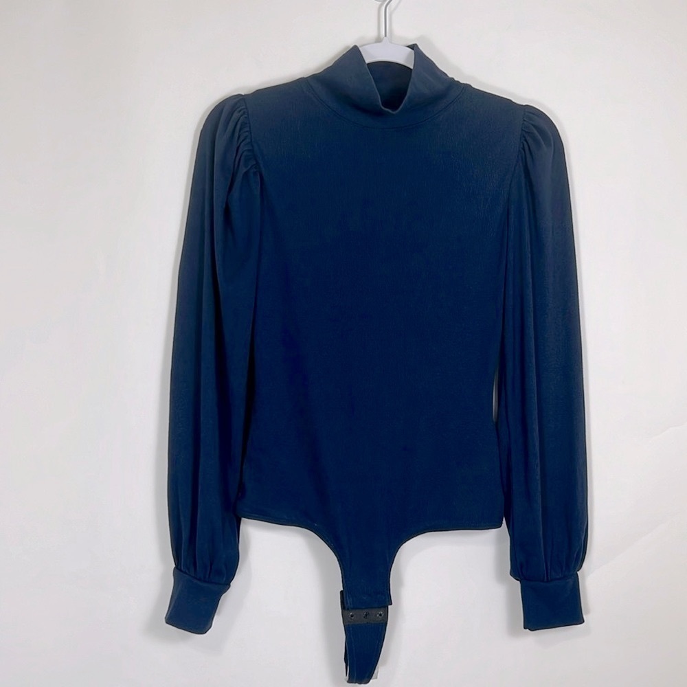 Madewell Ribbed Puff Sleeve Turtleneck Thong Bodysuit in Navy Blue Size Medium - Picture 2 of 13